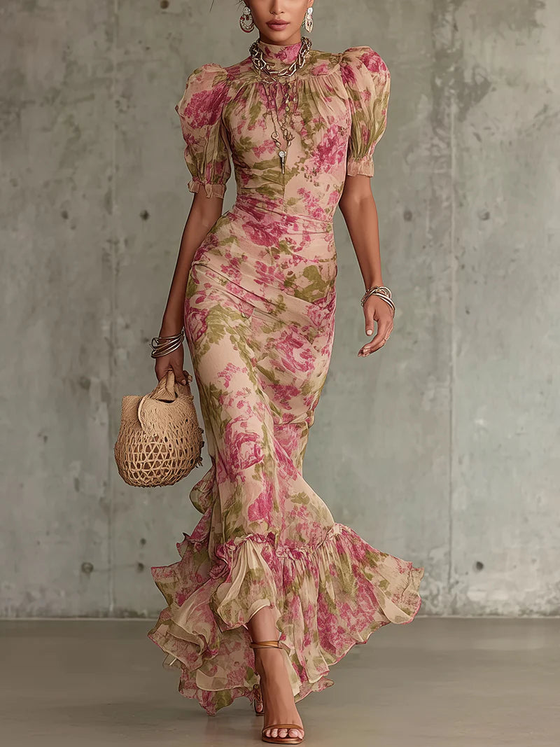 patricia maxi dress Women's Chiffon Floral Print Long Sleeve Flowy V-Neck - 2XL Structured bodice with internal Color:Vintage Gold Sheath/Column Off-the-shoulder Long Sleeves mfgstyle_7SWN0221BE