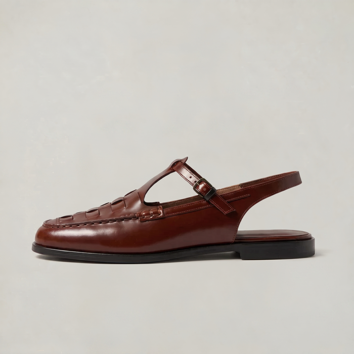 Women's Woven Leather Slingback Sandals - Flat Buckle T-Bar Loafer Sandals