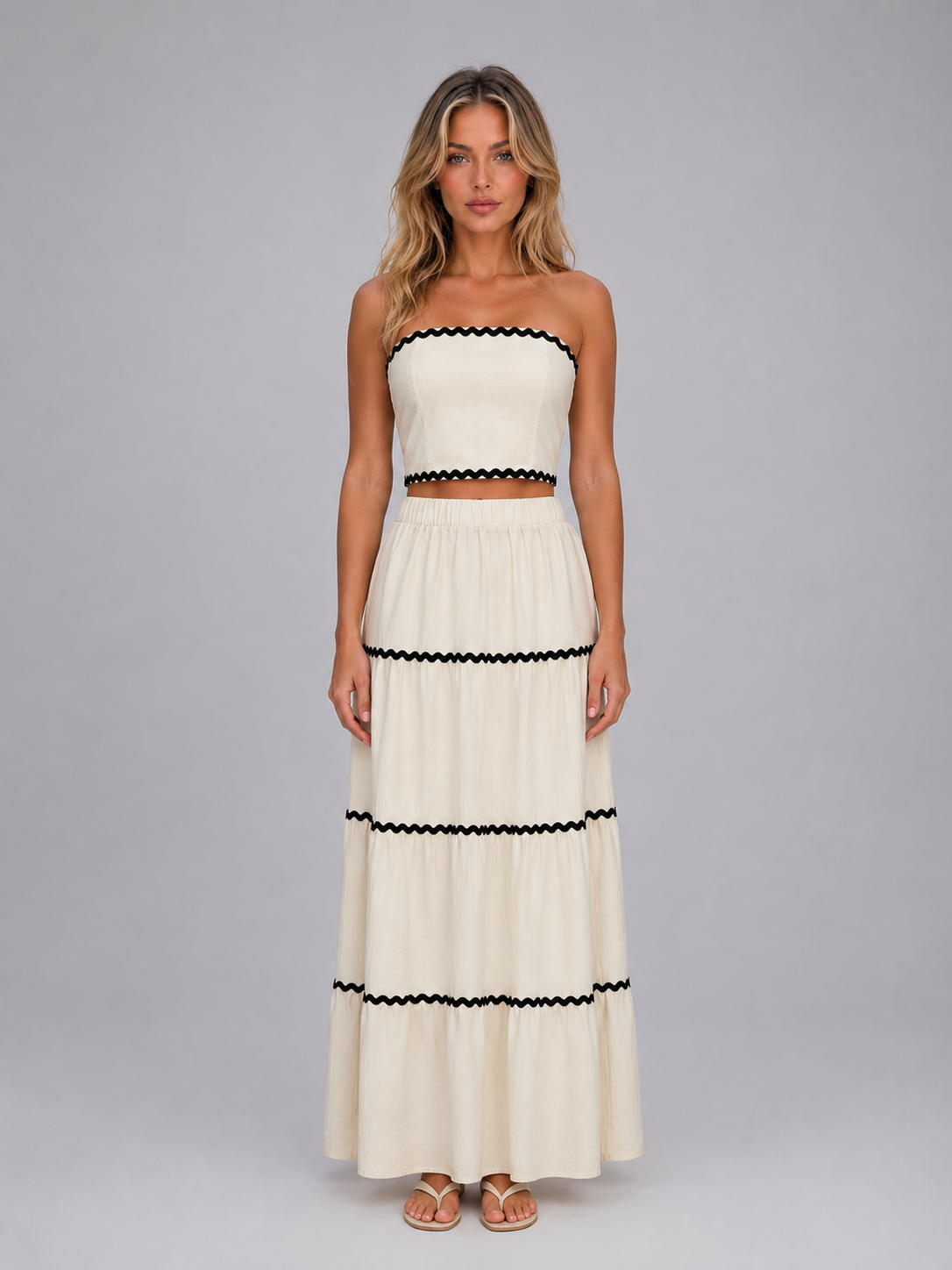 Women's Summer Co-Ord Set Crop Top & Tiered Maxi Skirt Breathable Lightweight Two Piece Outfit Sizes S to 2XL - Cream - XL