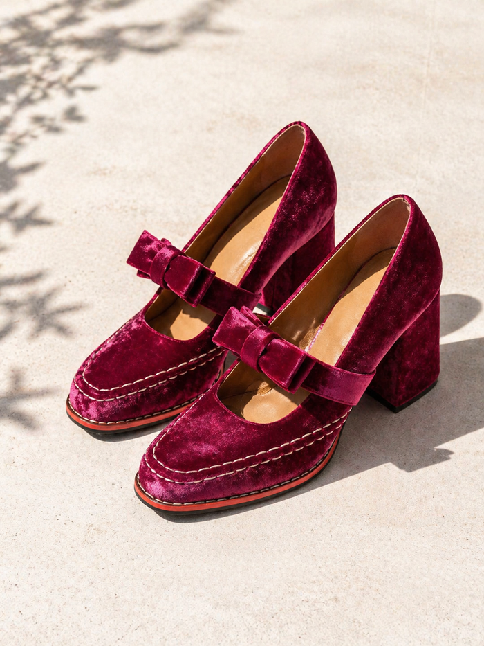 Women’s Velvet Mary Jane Heels – Bow Detail Block Heel