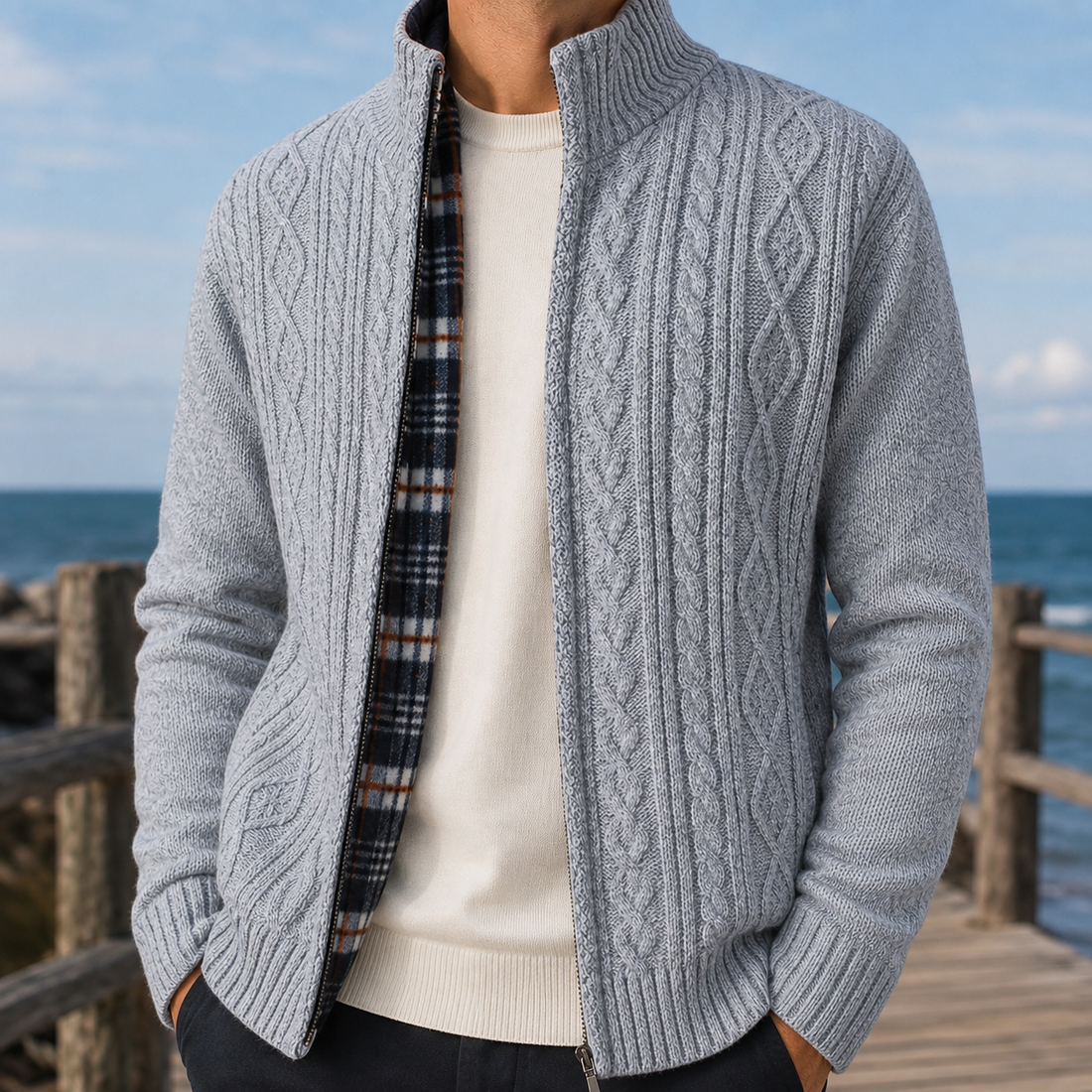 Wyatt Cable Knit Cardigan - Light Gray