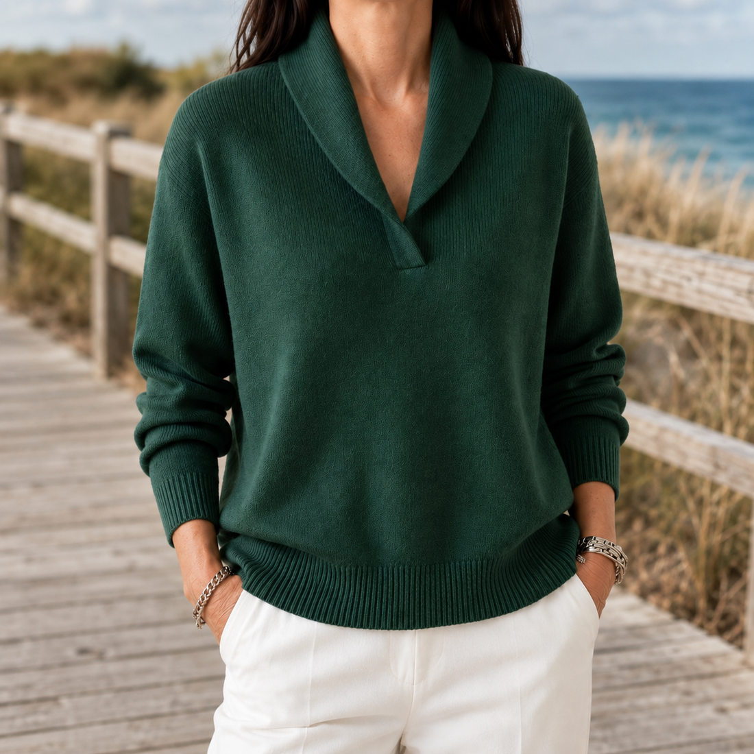 Marlene-Hope Shawl Collar Sweater - Green