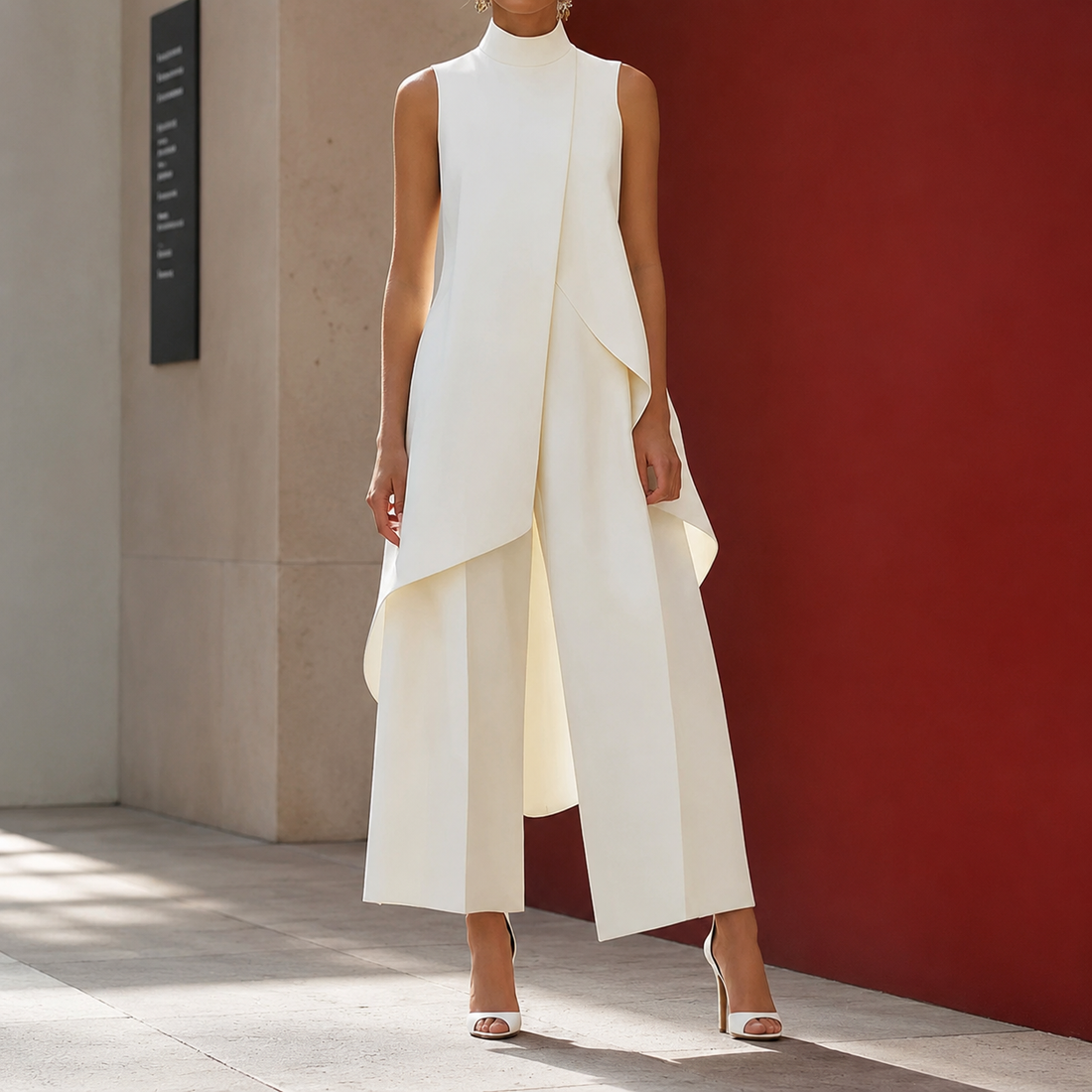 Sonia-Pearl Asymmetric Pants Set - White