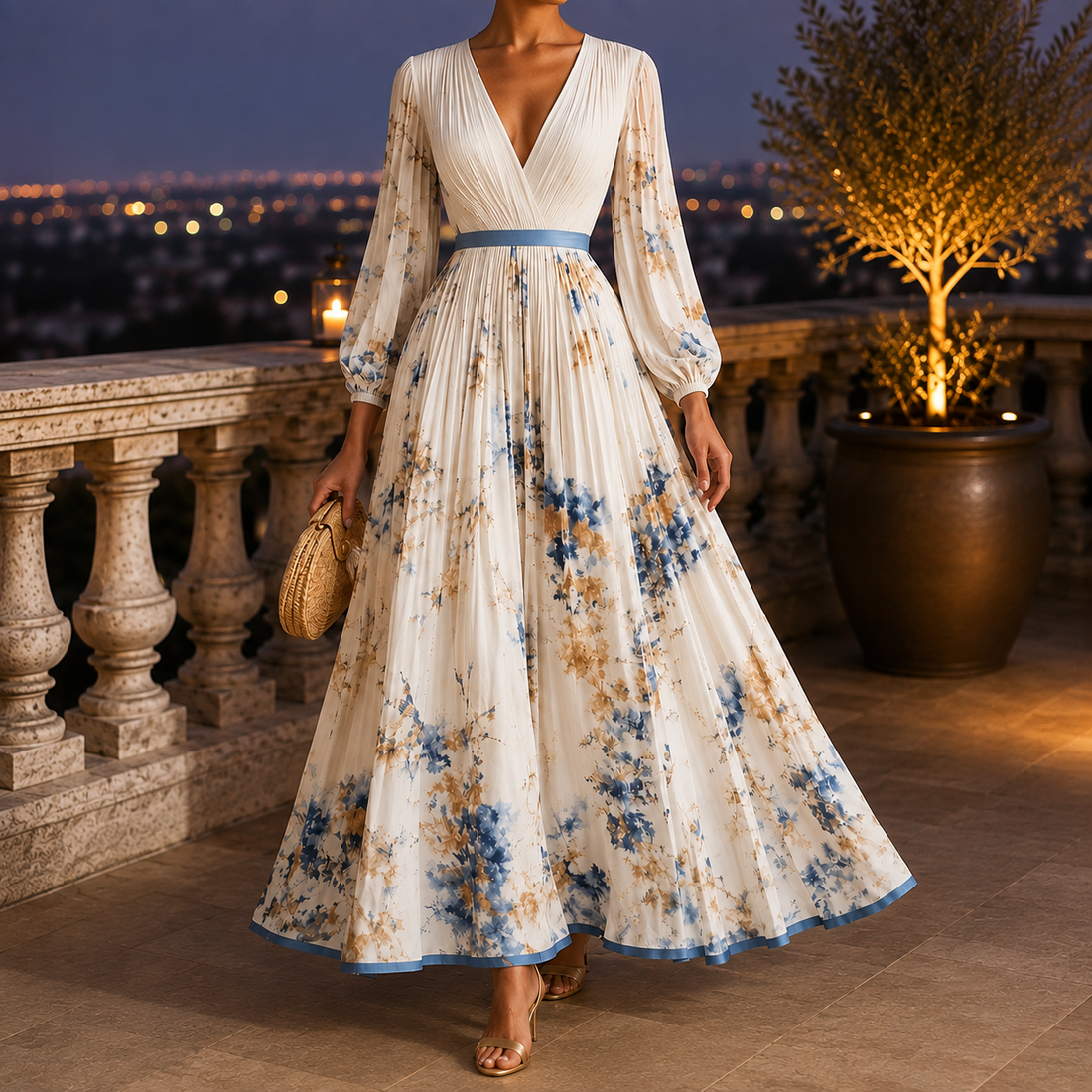 Phoebe Floral Maxi Dress - Ivory Blue Floral