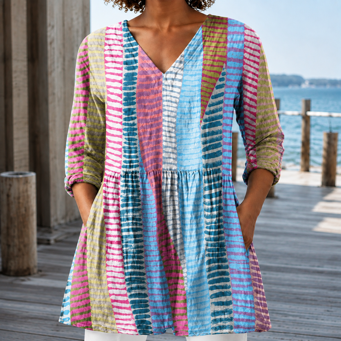 Tabitha-Claire V-Neck Tunic - Multicolor Stripe