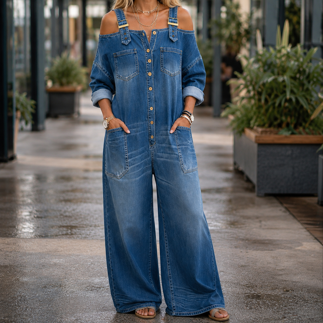Talia-Jane Off Shoulder Jumpsuit - Medium Blue Vintage Fade