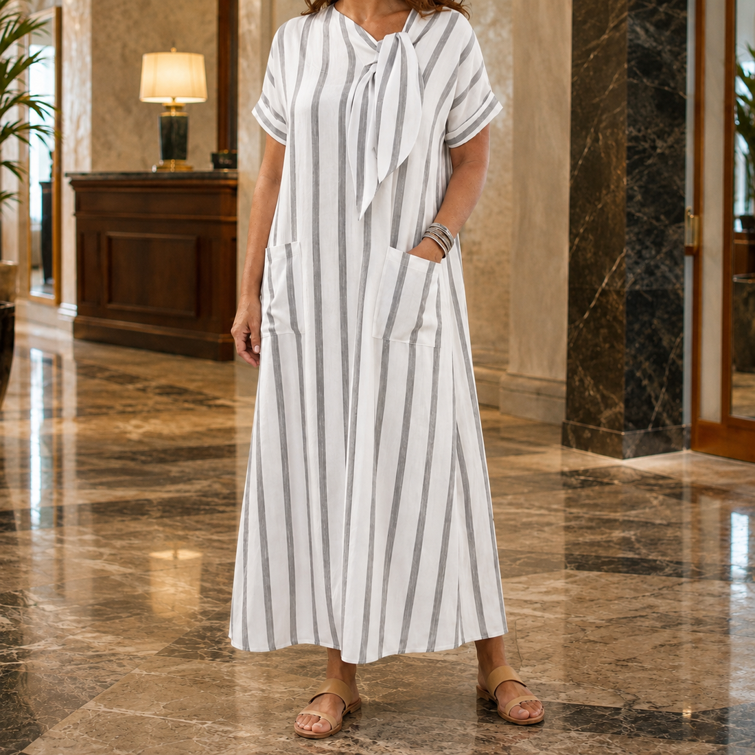 Tallulah Striped Maxi Dress - White And Gray
