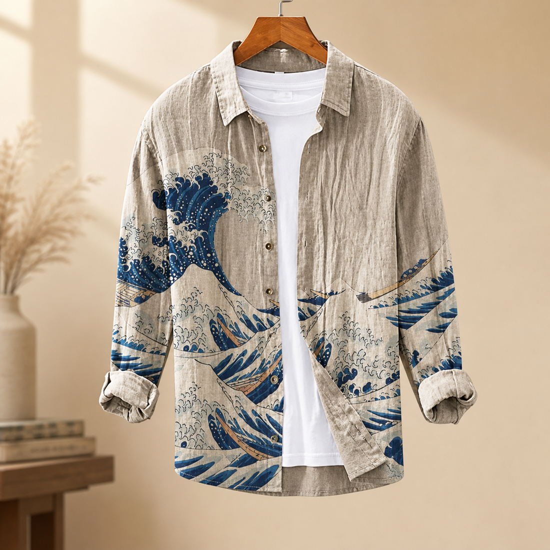 Austin Linen Shirt - Beige Blue Wave