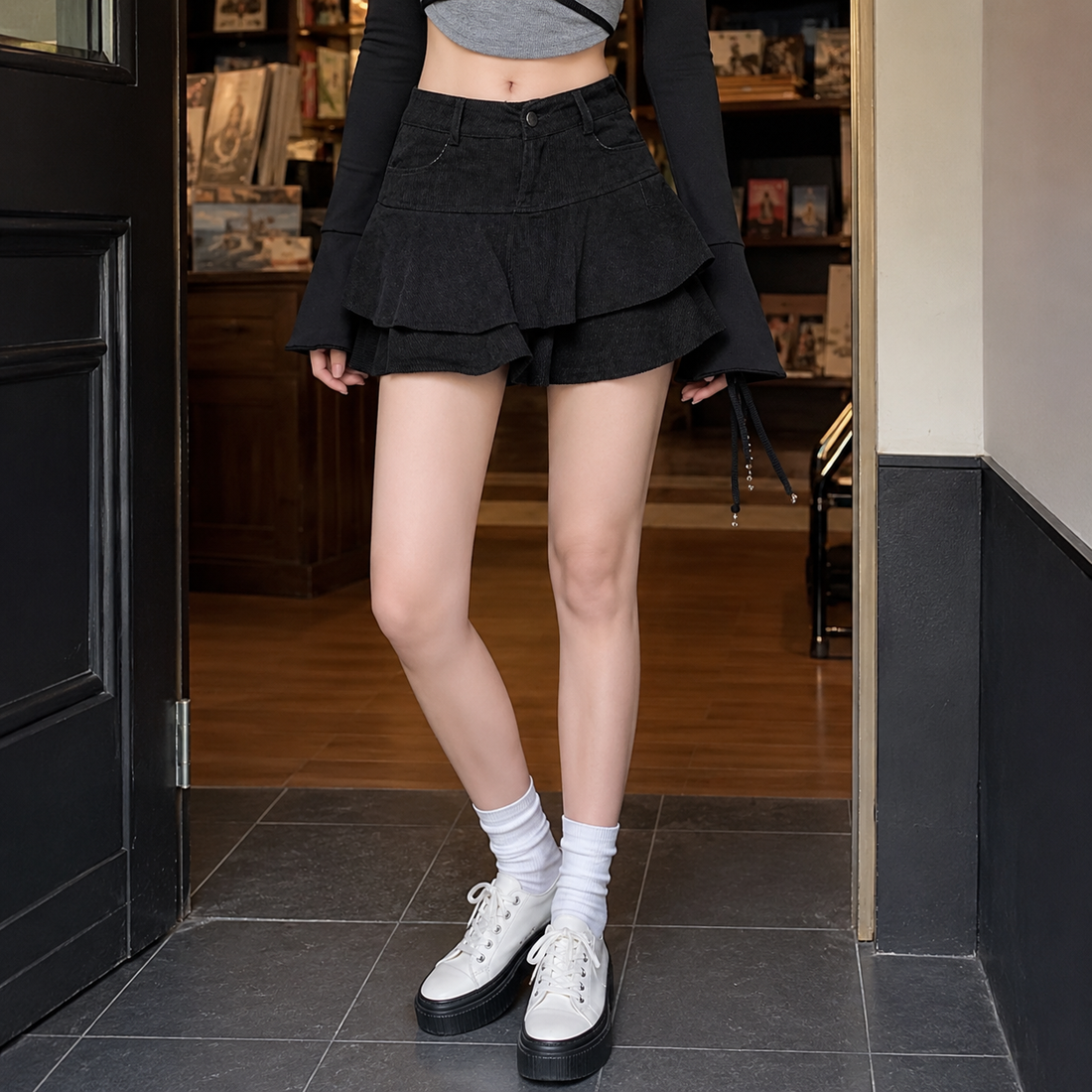 Manon Layered Skort - Black#072 Corduroy