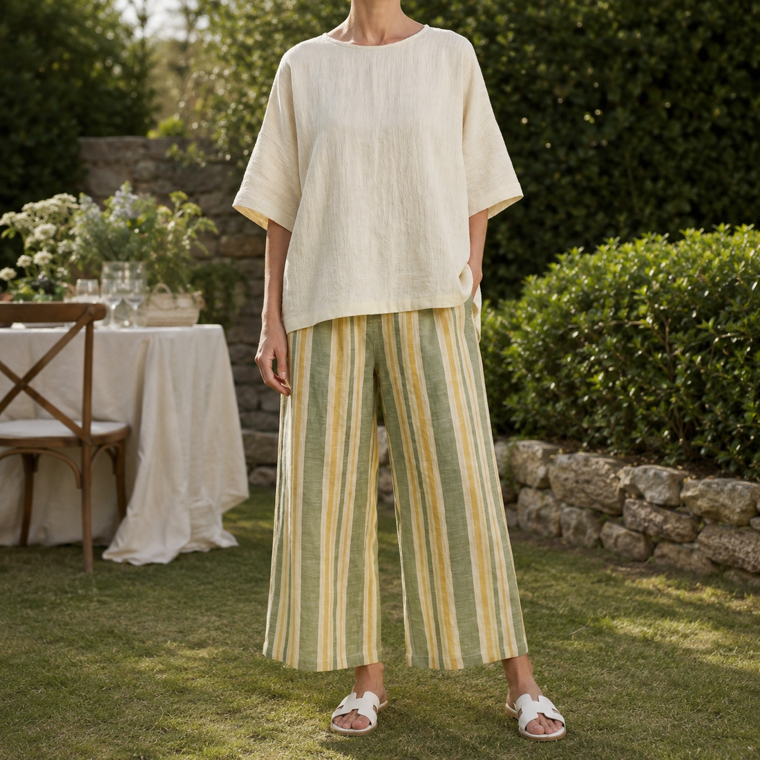 Tabitha Linen Set - Olive Stripe