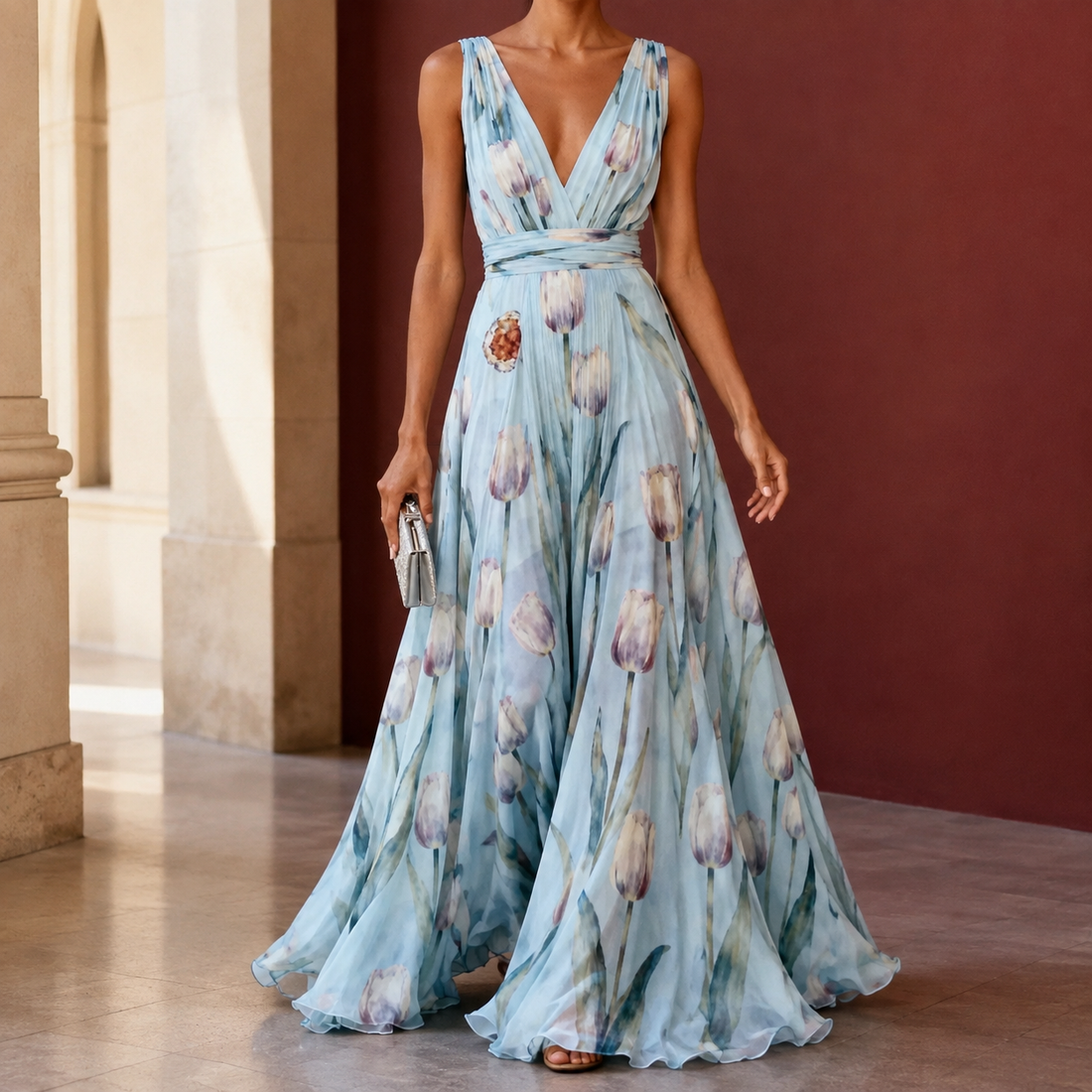 Annabel-Lane Plunge Maxi Dress - Sky Blue