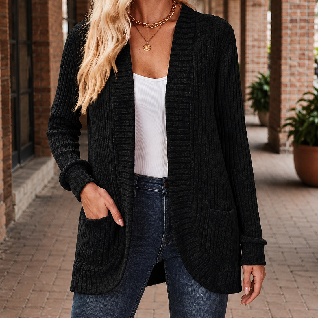Grace-Kate Ribbed Cardigan - Black