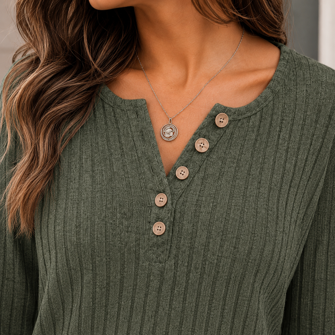 Maia-Jade Ribbed Henley Top - Lead Product Detail