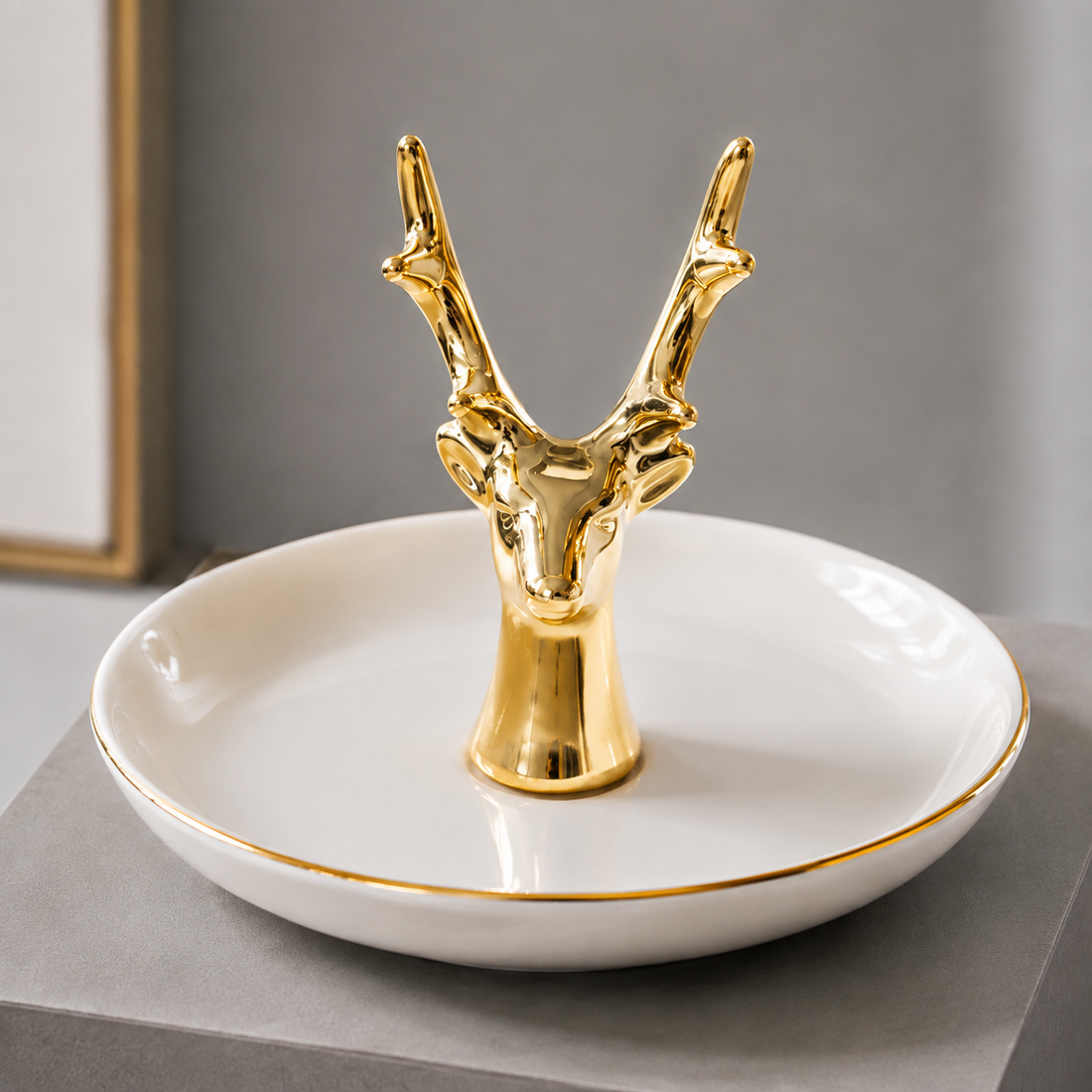 Romano Porcelain Jewelry Tray - Gold Deer Head