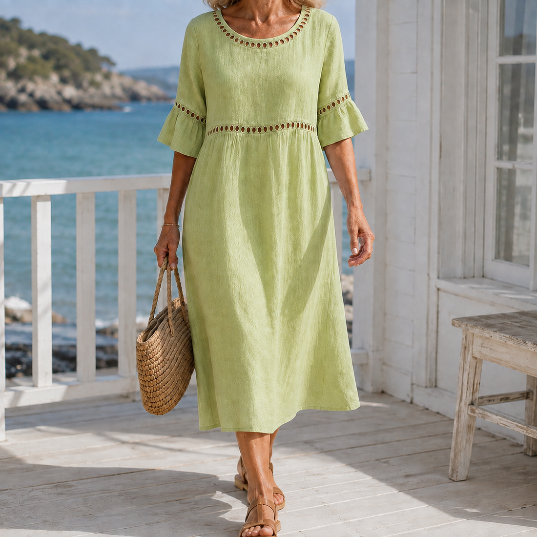 Hallie-Jade Eyelet Midi Dress - Soft Green