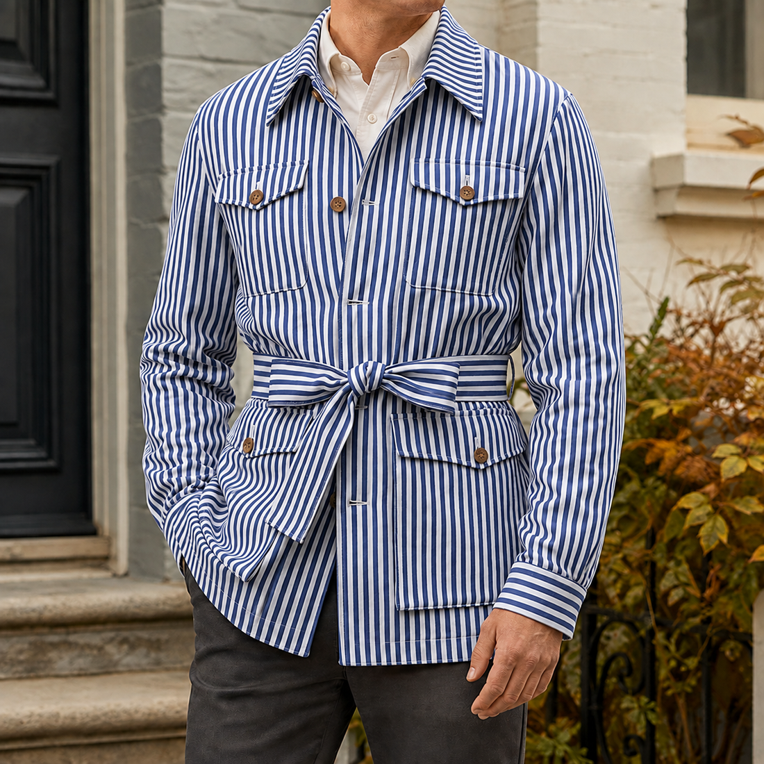 Dorian Striped Safari Jacket - Blue