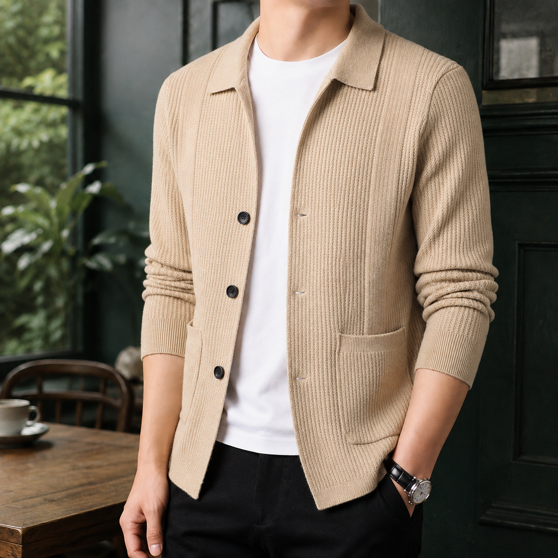 Maximilian Textured Cardigan - Camel