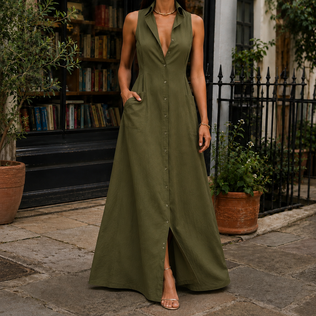 Chiara Sleeveless Shirt Dress - Army Green