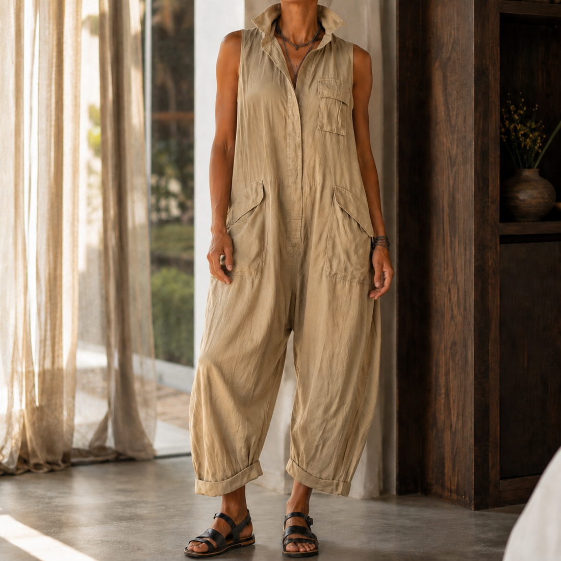 Colette-Rose Wide Leg Jumpsuit - Khaki