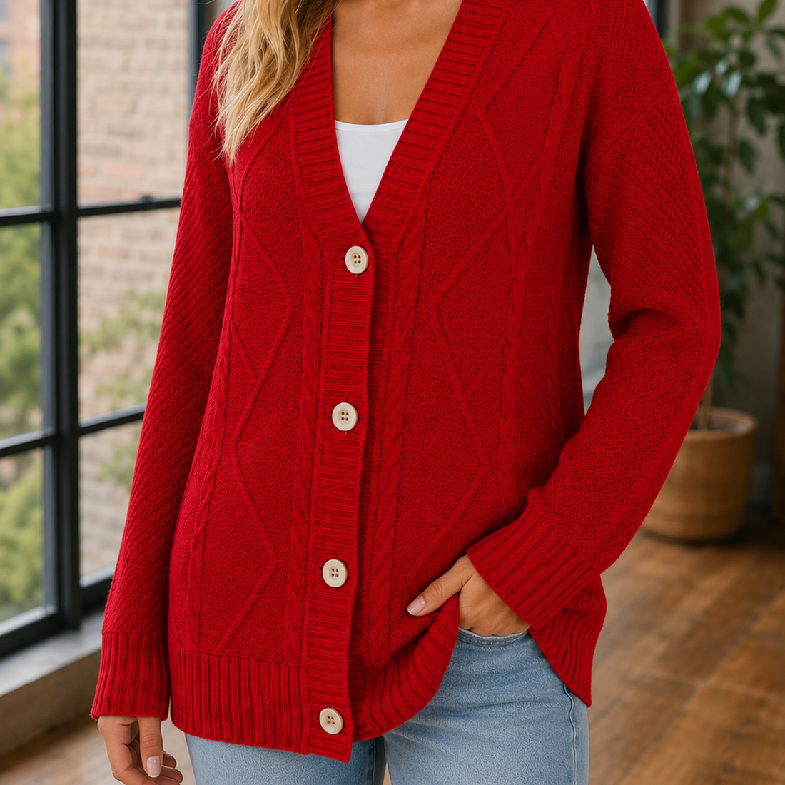 Evelina-Rae Cable Knit Sweater - Red