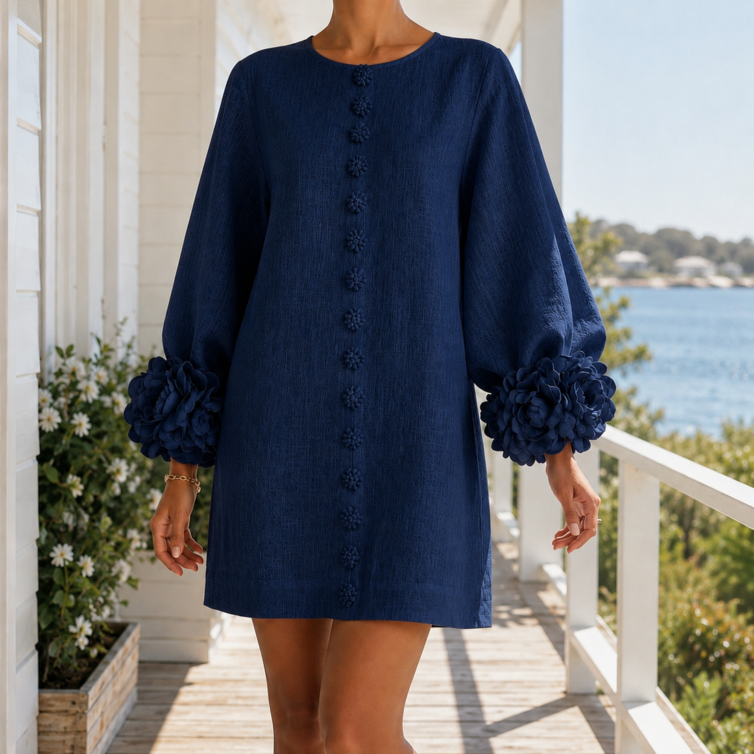 Freya-Claire Rosette Cuff Dress - Navy