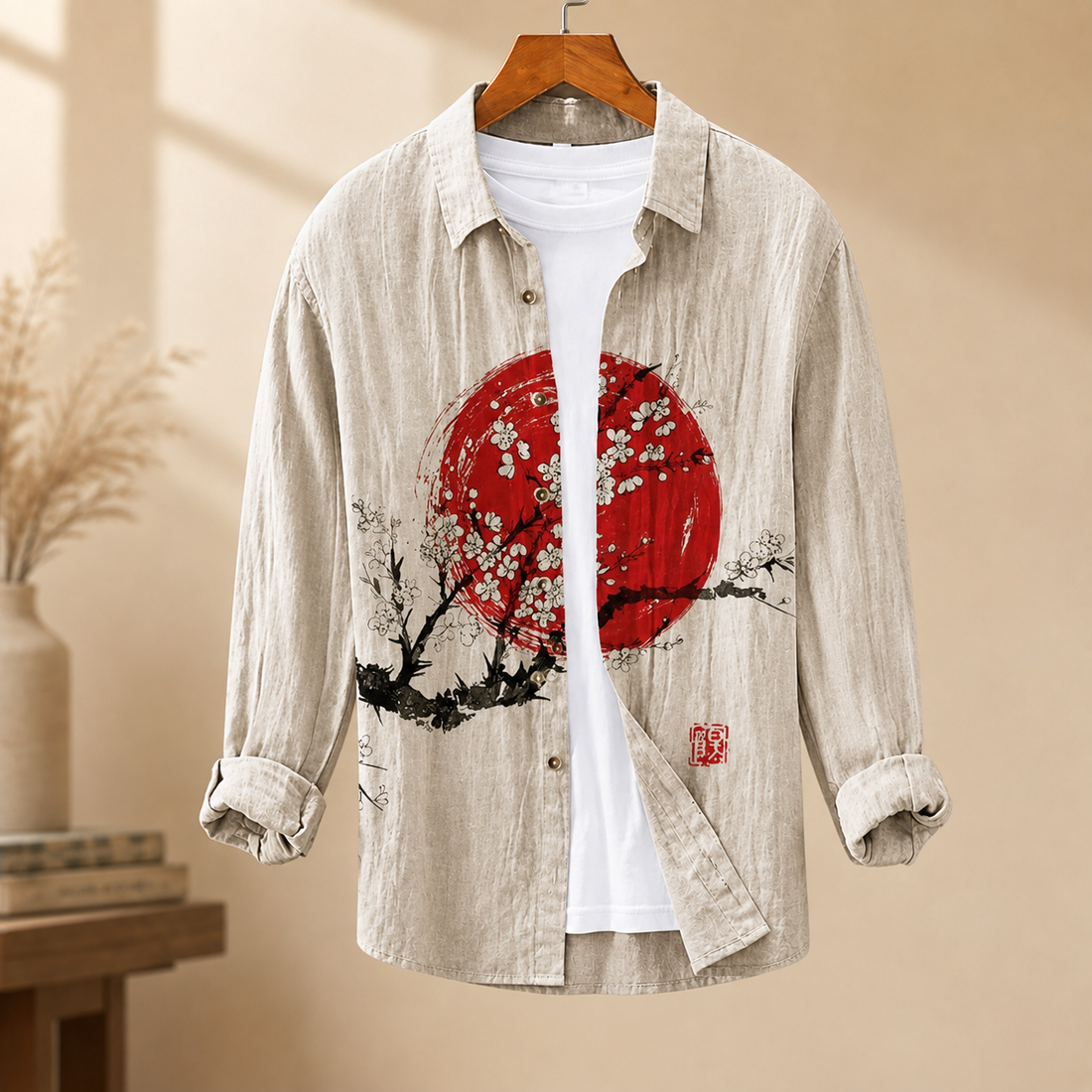 Austin Linen Shirt - Beige Red Sun