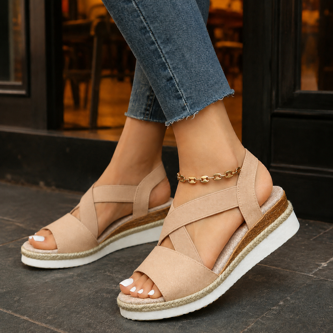 Casentino Elastic Wedge Sandals - Apricot
