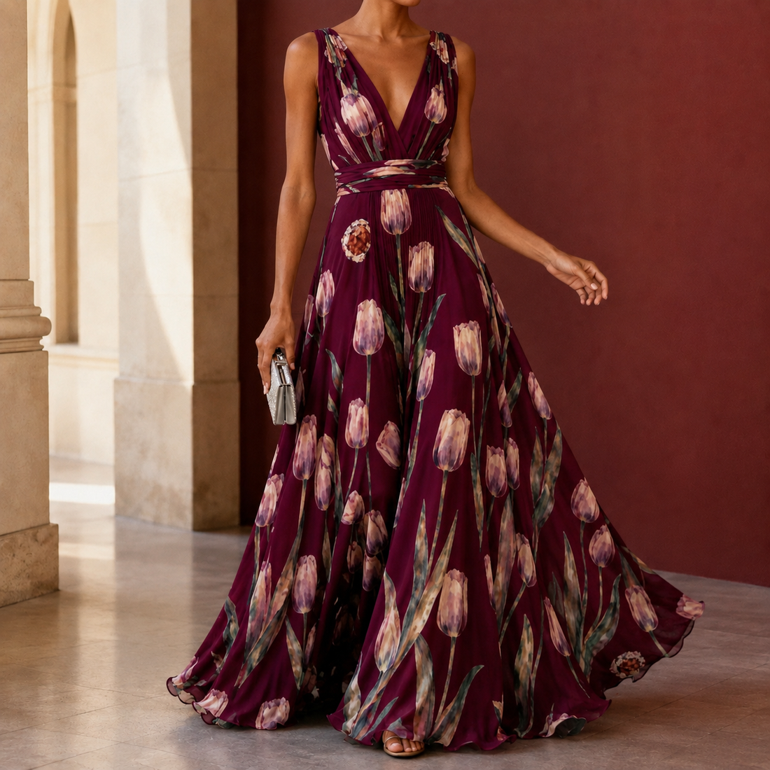 Annabel-Lane Plunge Maxi Dress - Burgundy