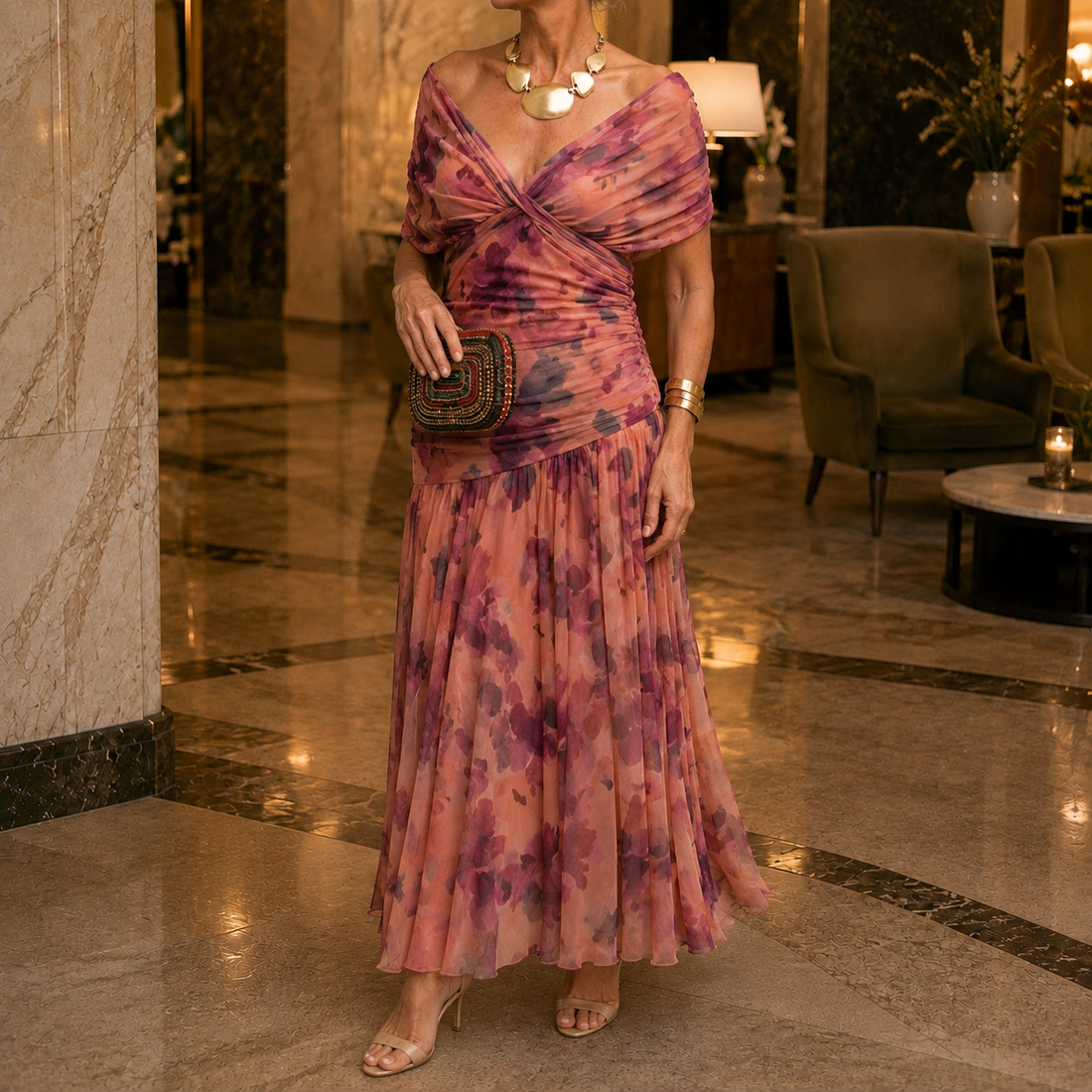 Valeria-Rose Draped Maxi Dress - Brick Red