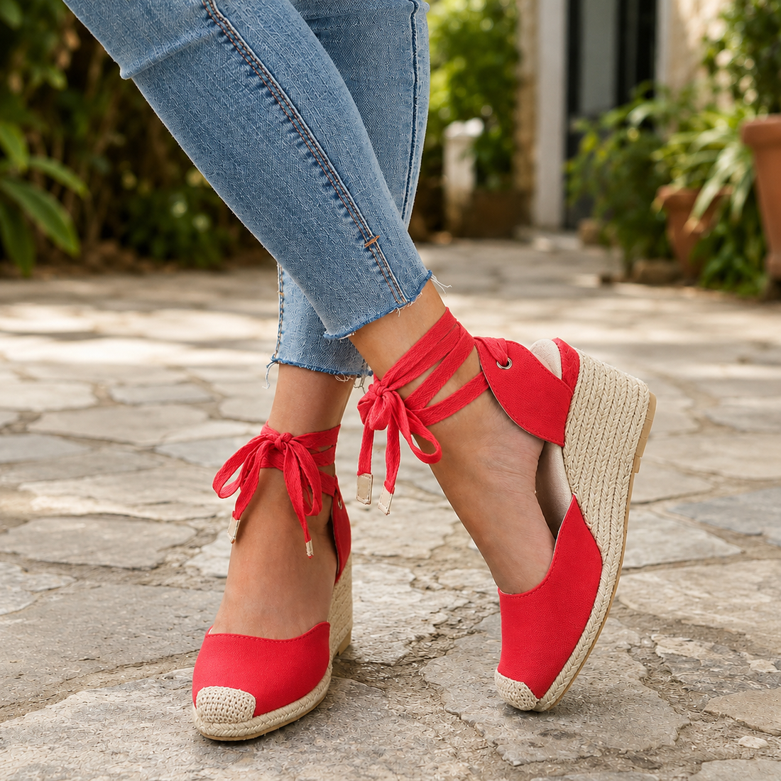 Cardini Lace-Up Wedges - Red