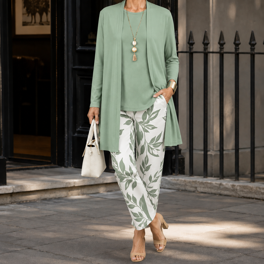 Ingrid-Belle Printed Pants Set - Green & White