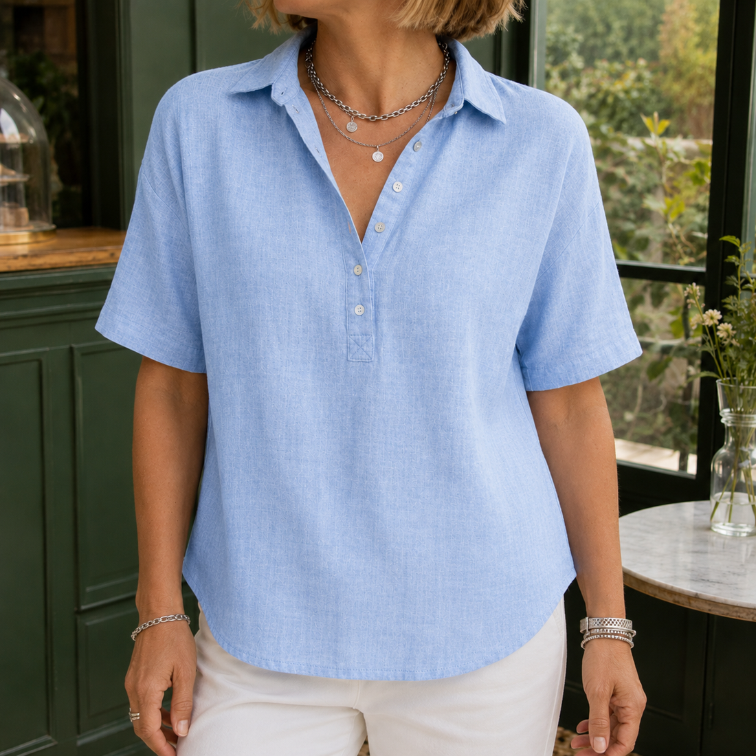 Anais-Pearl Collared Blouse - Light Blue