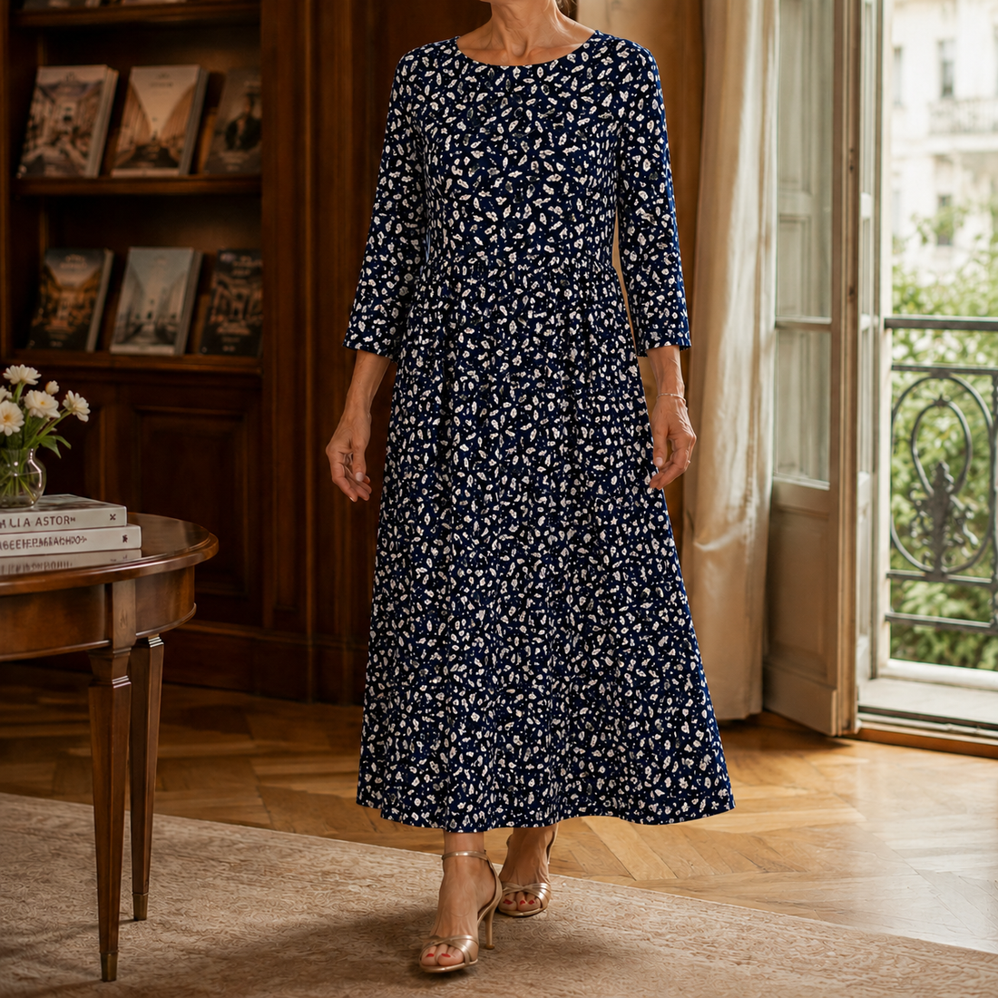 Honora-Pearl Floral Midi Dress - Blue