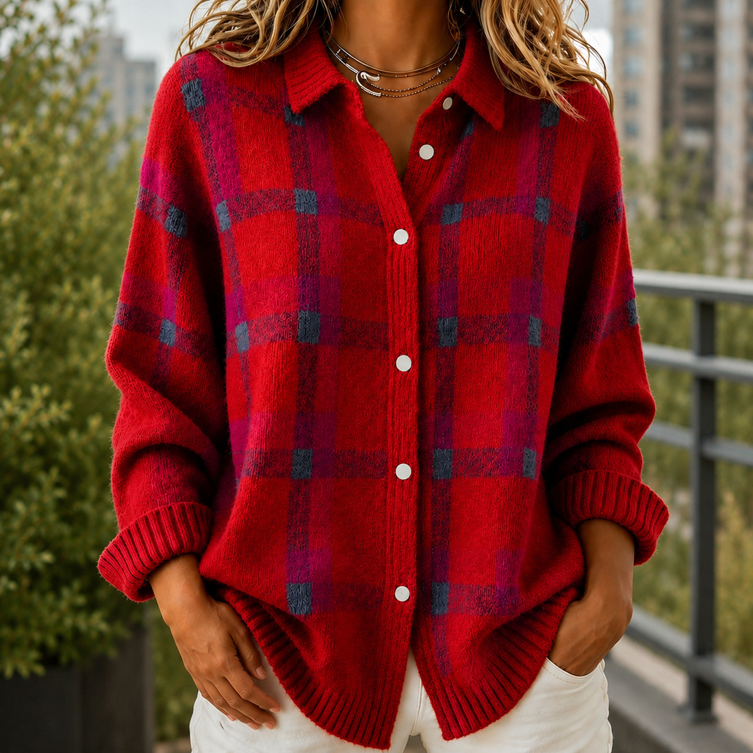 Faye Plaid Sweater - Red