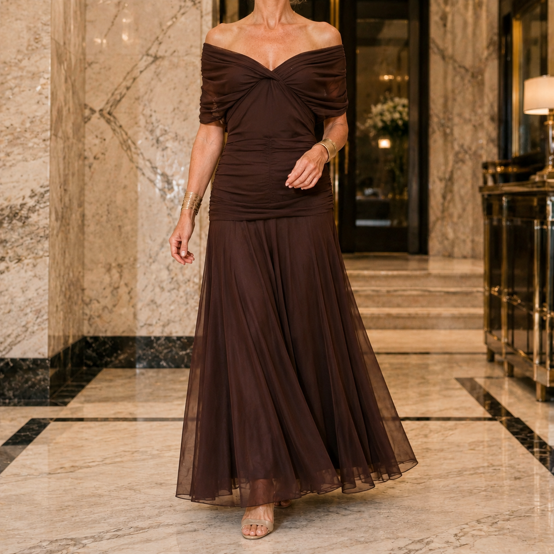 Serena-Pearl Draped Maxi Dress - Brown