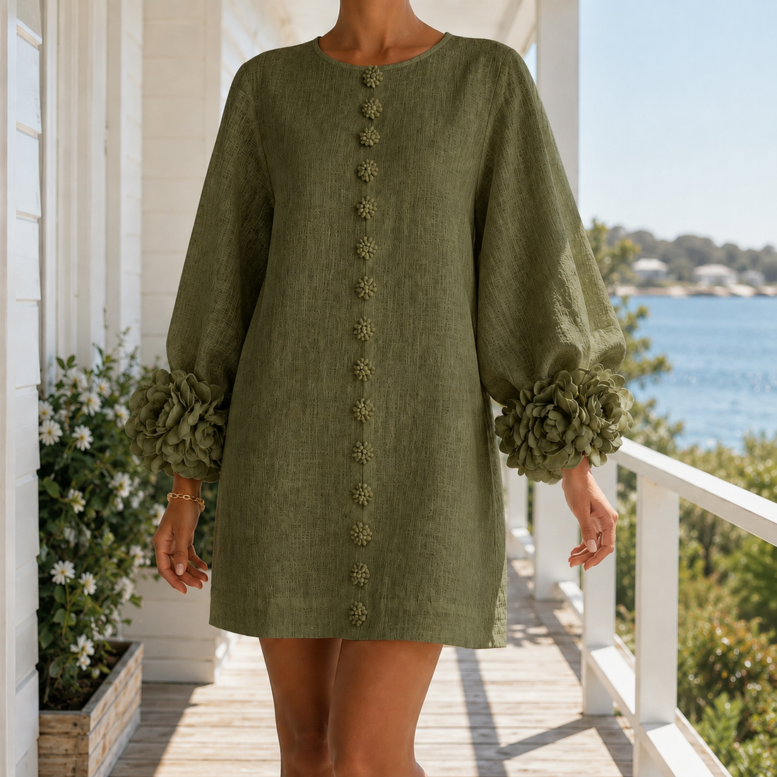 Freya-Claire Rosette Cuff Dress - Olive