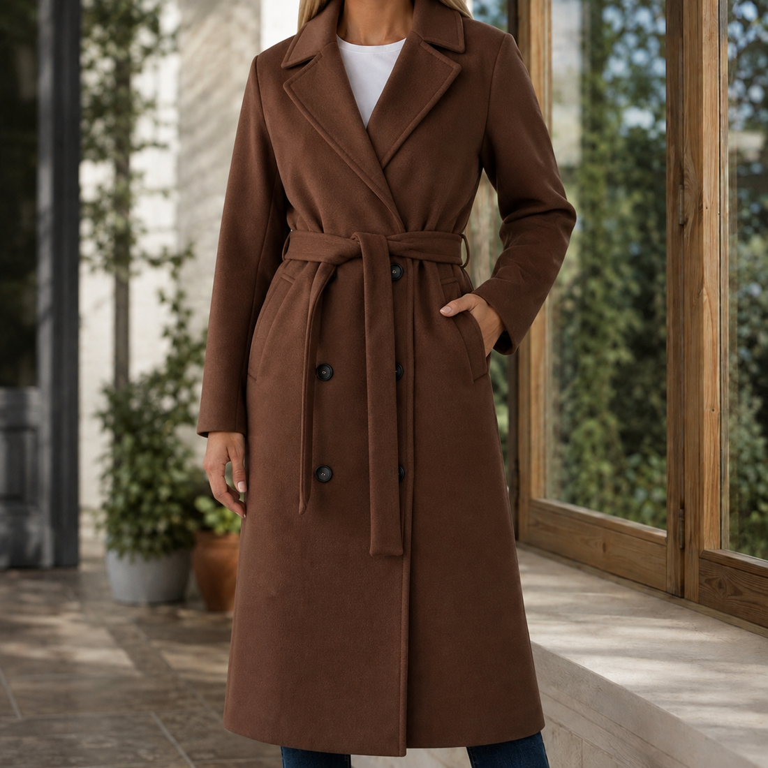 Adele-Grace Belted Overcoat - Brown