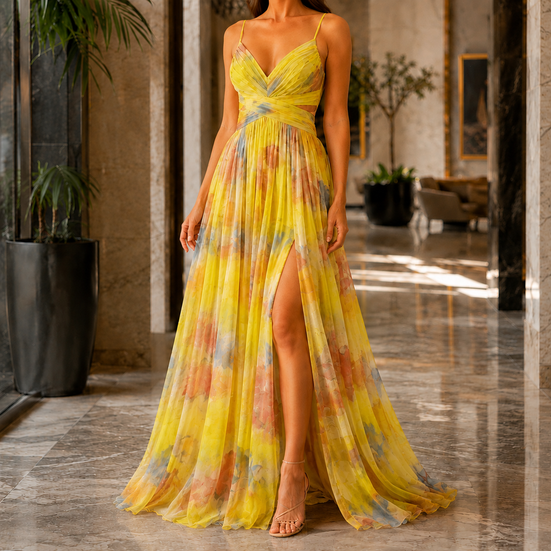 Mina Watercolor Maxi Dress - Yellow