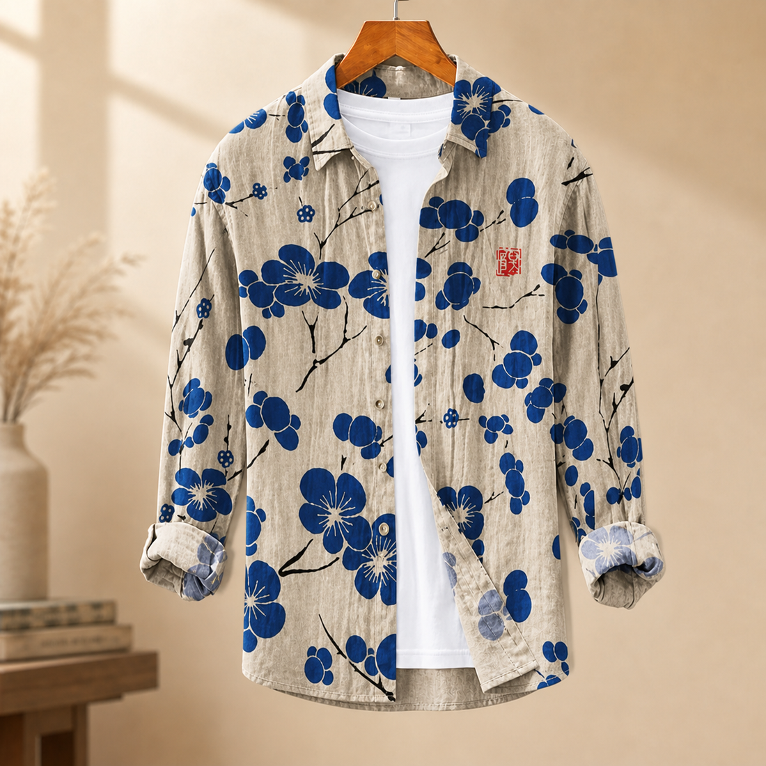Austin Linen Shirt - Beige Blue Blossom