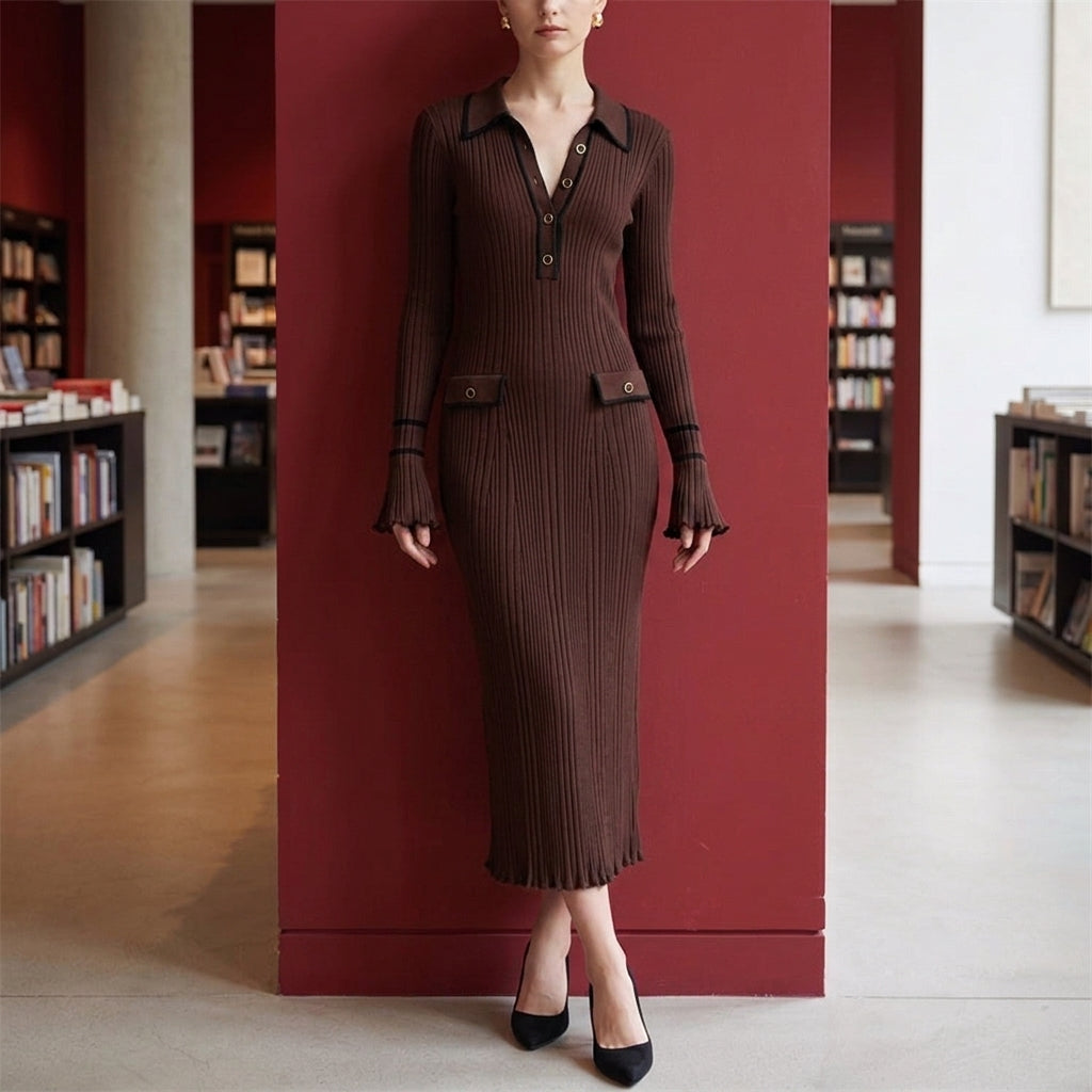 Amelie Ribbed Midi Dress - Long Skirt Brown