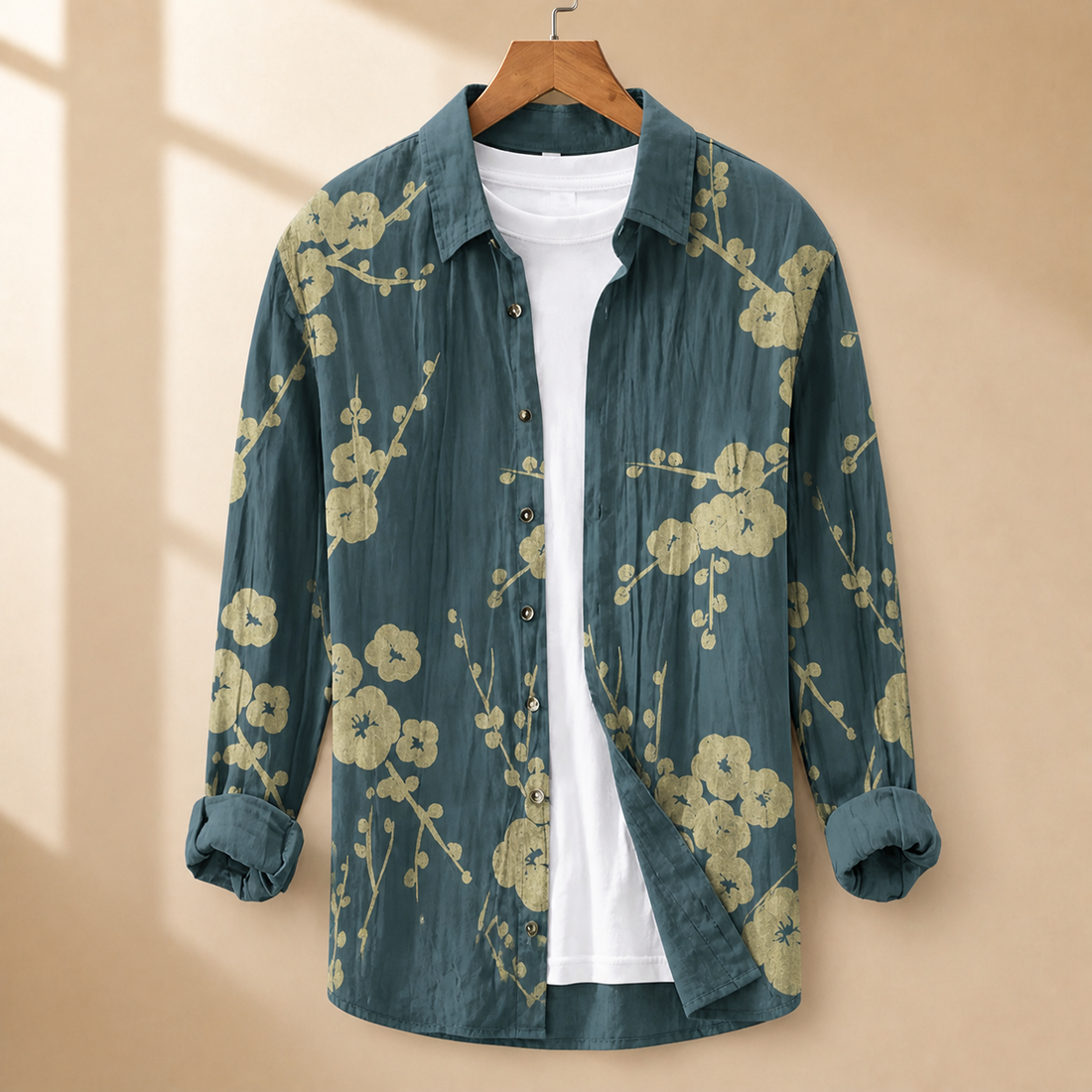Austin Linen Shirt - Teal Gold Blossom