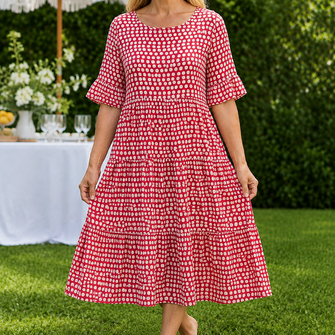 Hazel Tiered Midi Dress - Red
