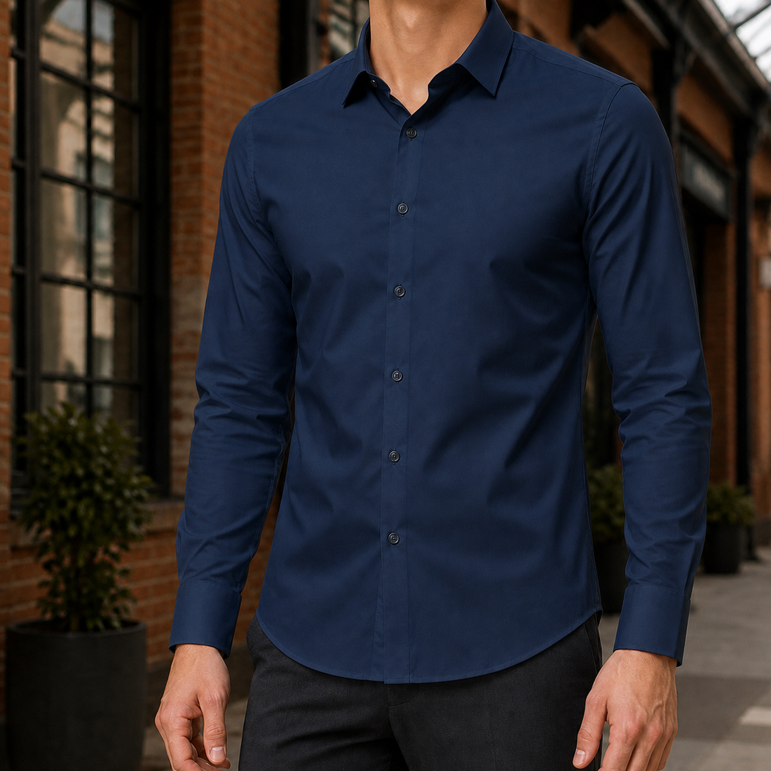 Colm Slim Shirt - Long Sleeve Solid Color Shirt Navy Blue