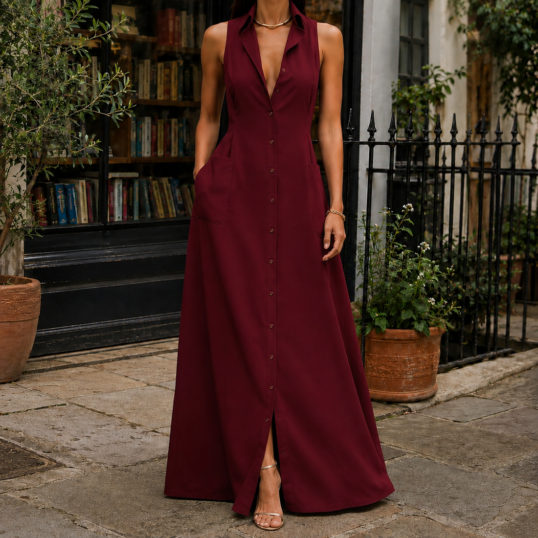 Chiara Sleeveless Shirt Dress - Burgundy