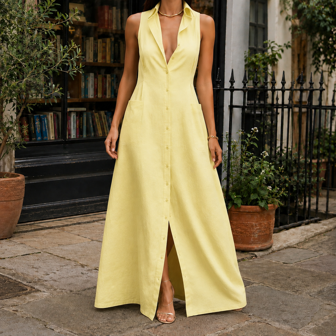 Chiara Sleeveless Shirt Dress - Yellow