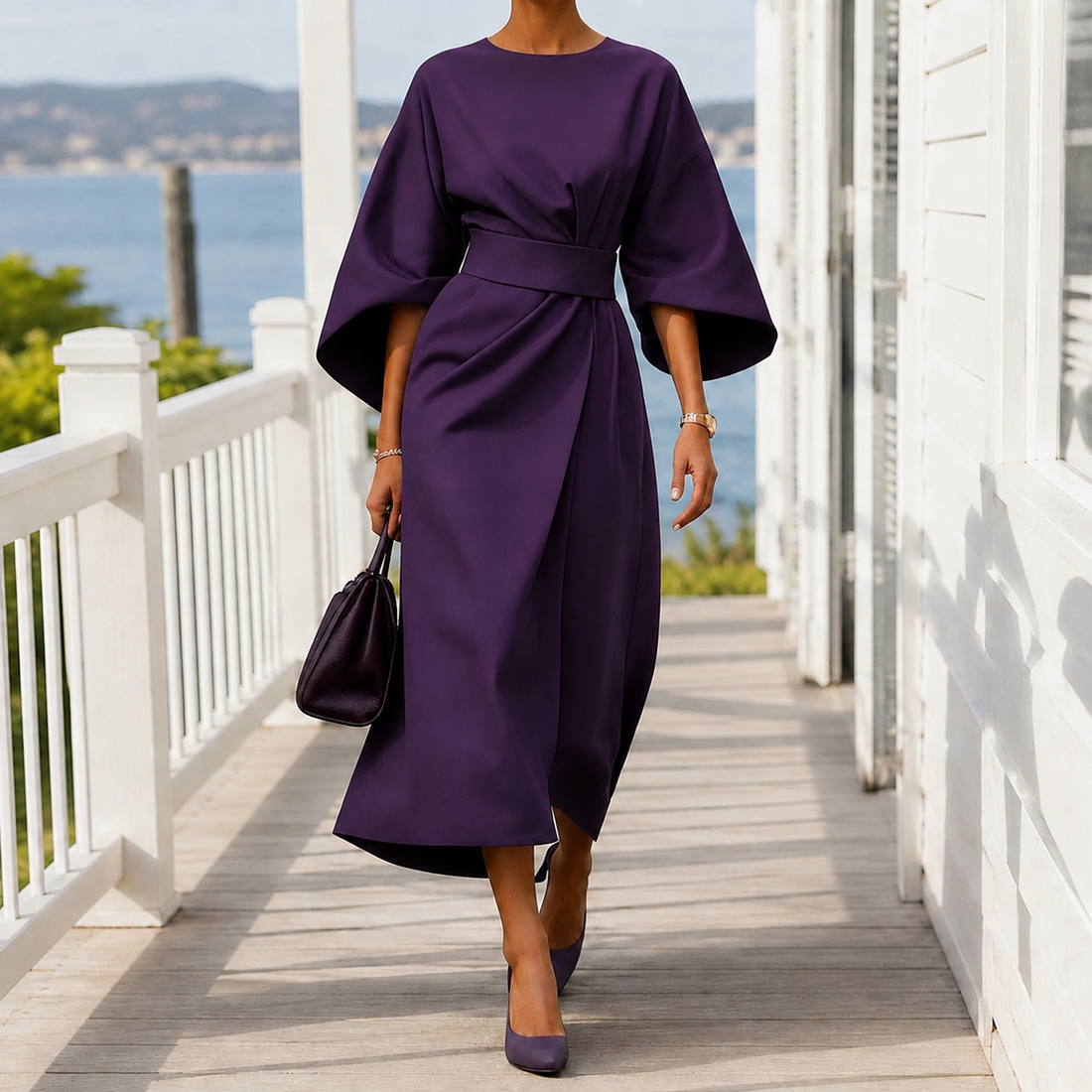 Astrid-Hope Belted Midi Dress - Purple