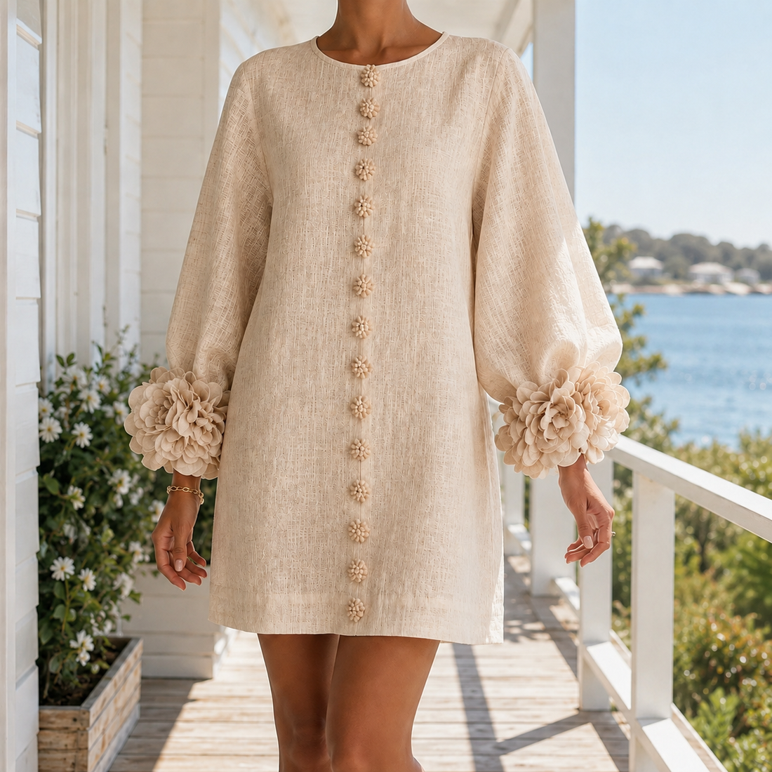 Freya-Claire Rosette Cuff Dress - Beige