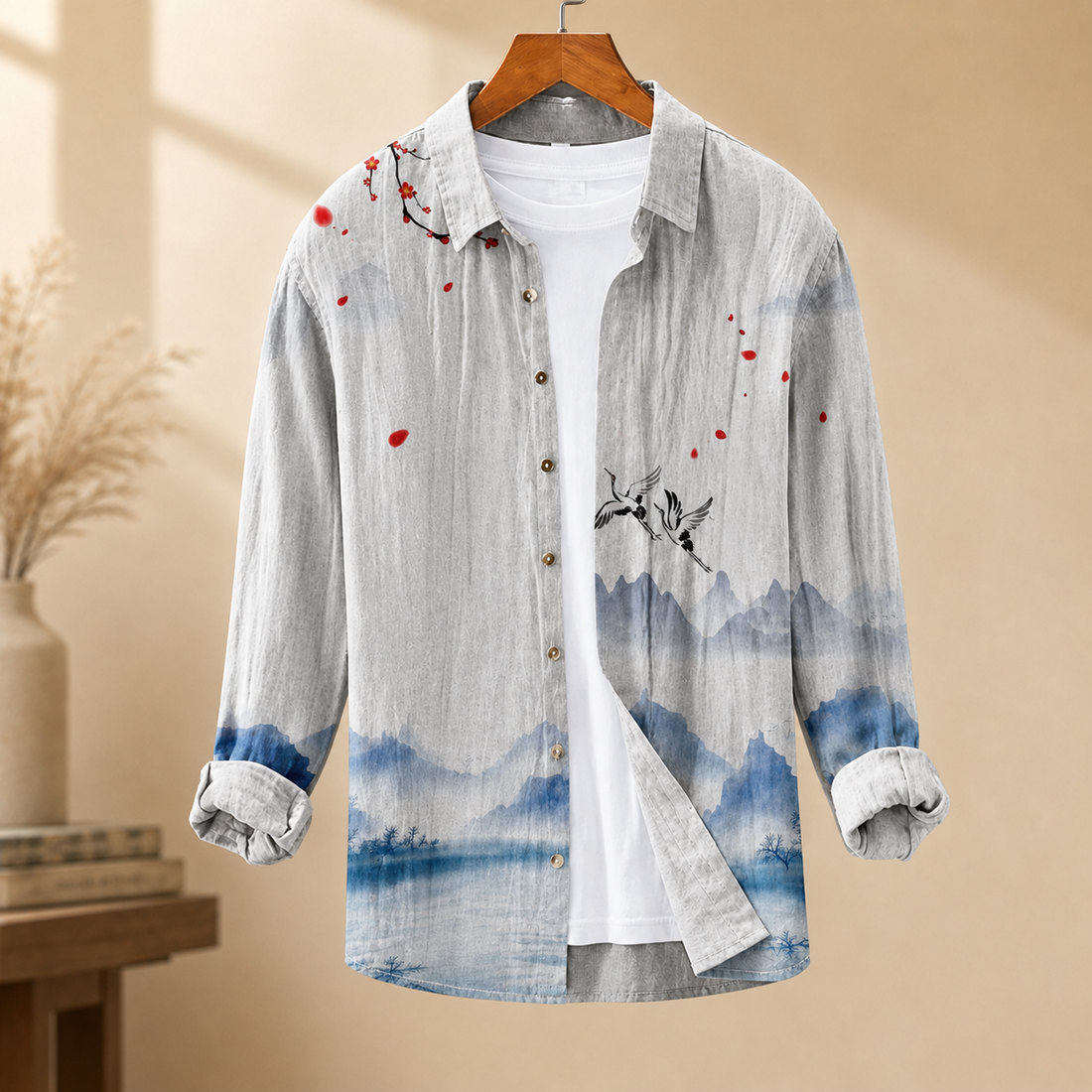 Austin Linen Shirt - Light Gray Blue Landscape