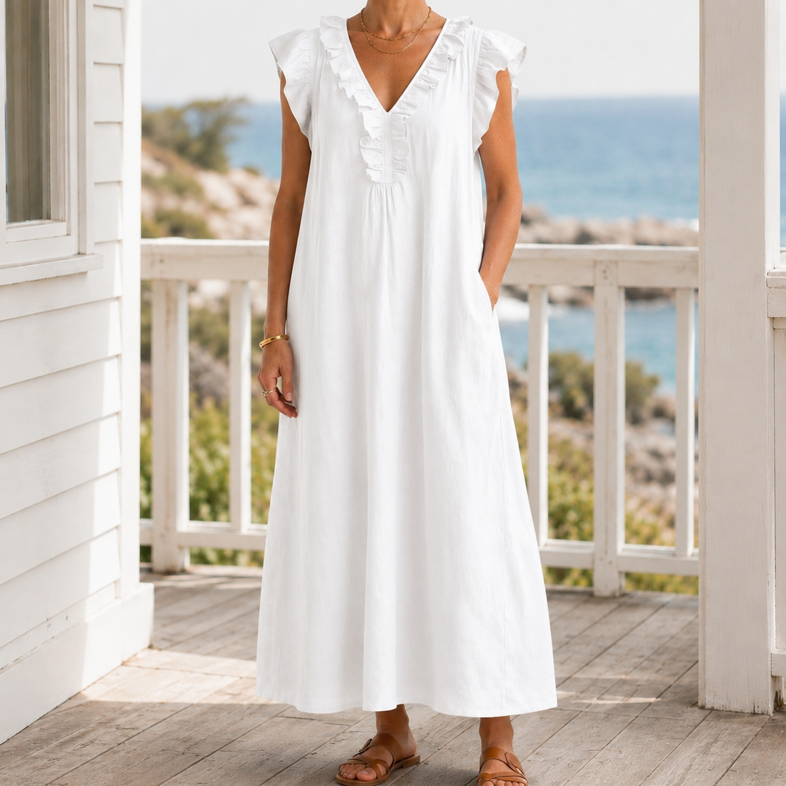 Carmen-Eve Ruffle Maxi Dress - White