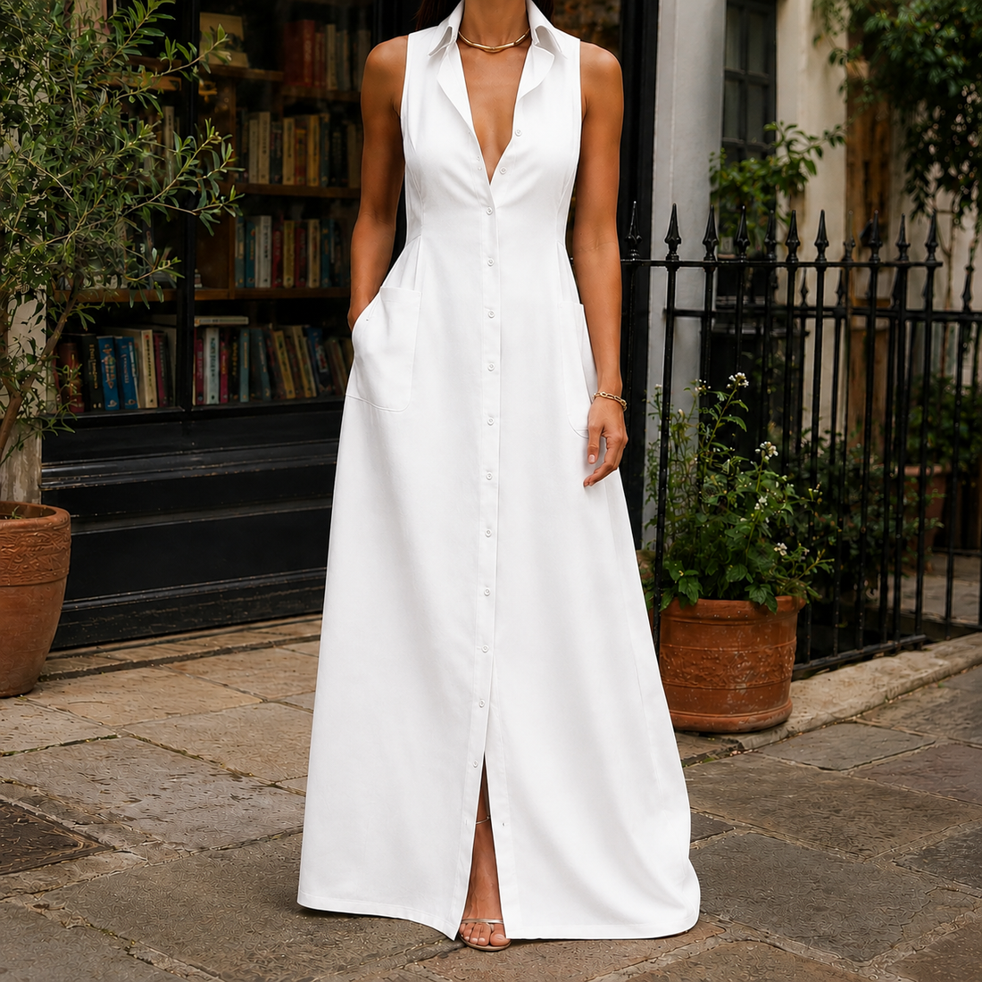 Chiara Sleeveless Shirt Dress - White